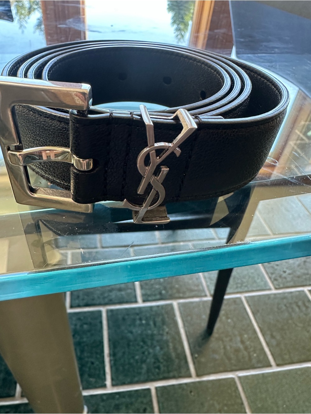 Saint Laurent Black Leather Men's Belt with Silver YSL Logo